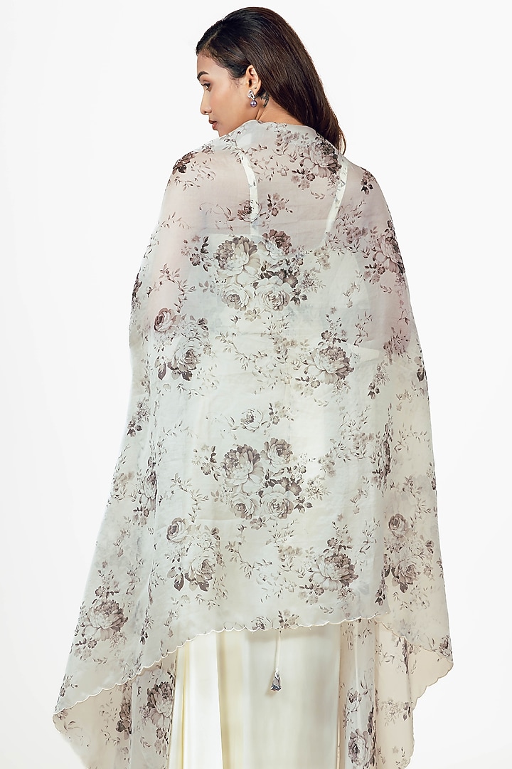 White Organza Floral Digital Printed Cape Set by Studio 113 at Pernia's Pop Up Shop