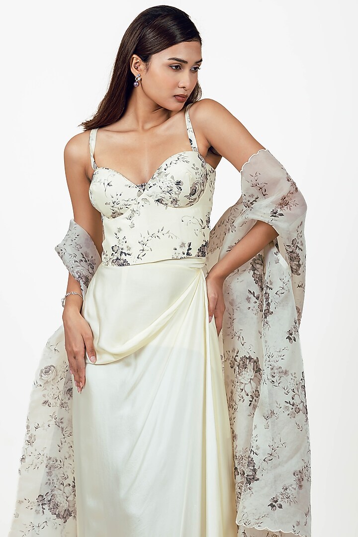 White Organza Floral Digital Printed Cape Set by Studio 113 at Pernia's Pop Up Shop