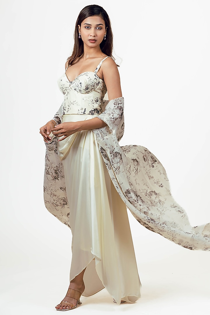 White Organza Floral Digital Printed Cape Set by Studio 113 at Pernia's Pop Up Shop