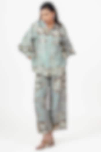 Pearl Blue Dupion Silk Abstract Floral Printed Co-Ord Set by Studio 113 at Pernia's Pop Up Shop