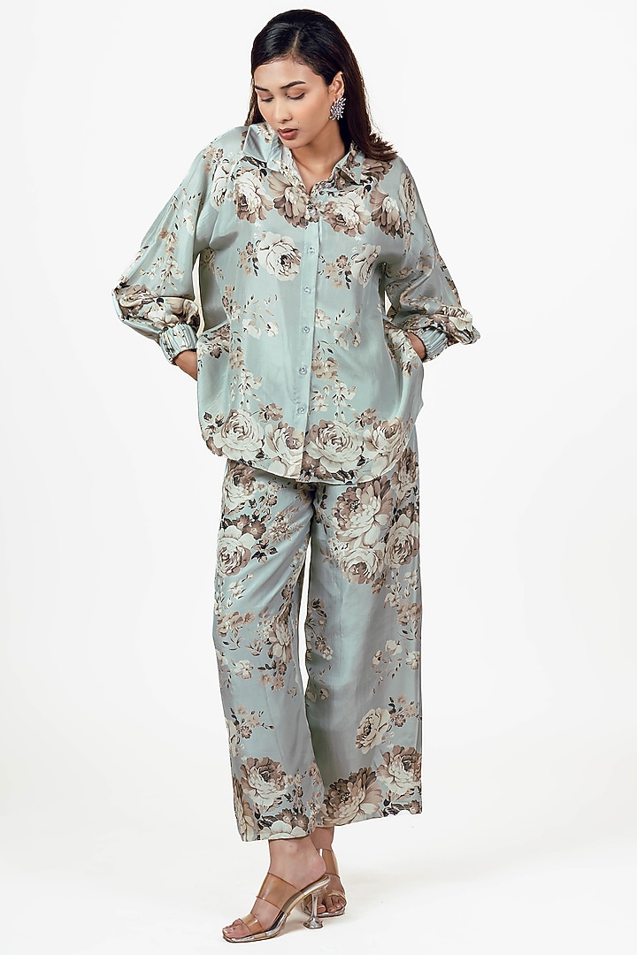 Pearl Blue Dupion Silk Abstract Floral Printed Co-Ord Set by Studio 113 at Pernia's Pop Up Shop