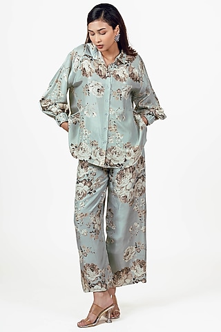 Pearl Blue Dupion Silk Abstract Floral Printed Co-Ord Set by Studio 113
