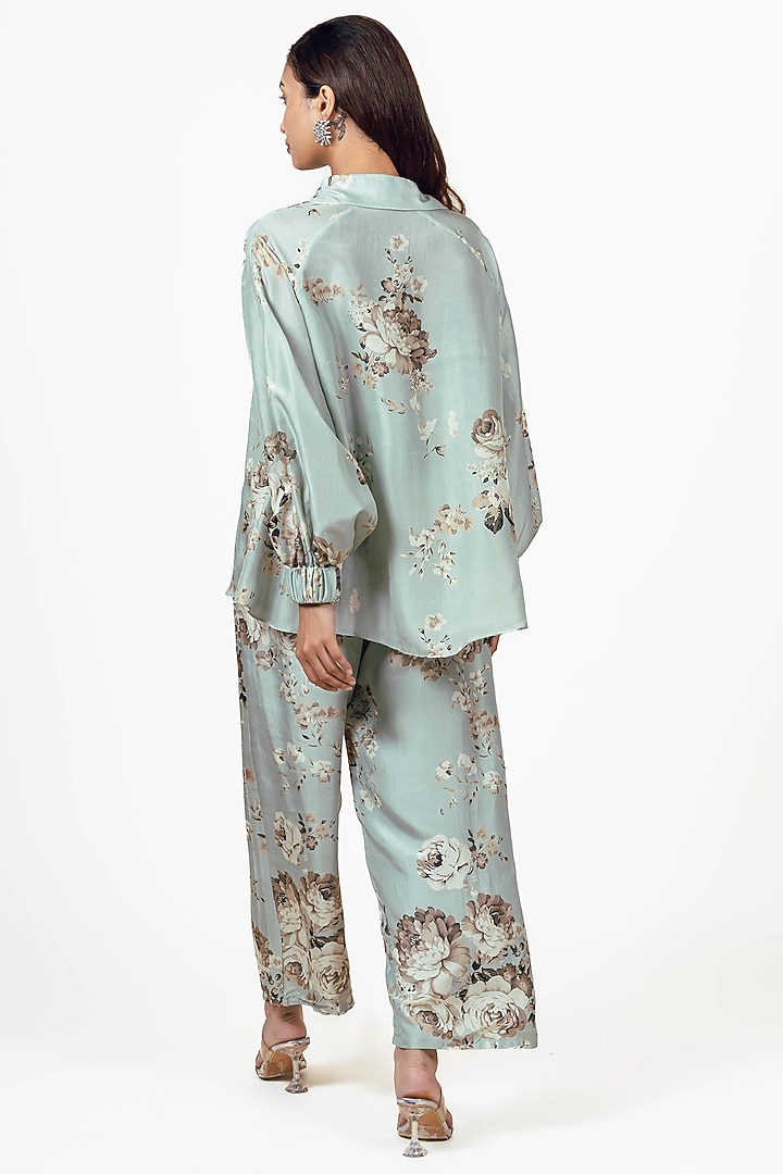 Pearl Blue Dupion Silk Abstract Floral Printed Co-Ord Set by Studio 113 at Pernia's Pop Up Shop