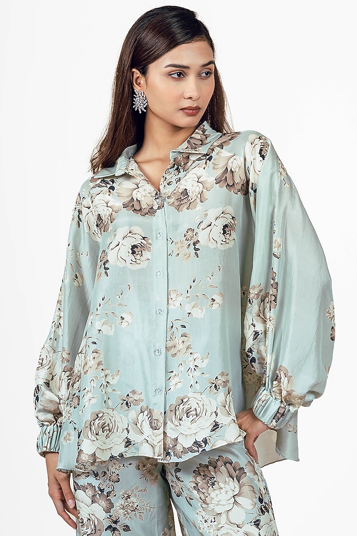 Pearl Blue Dupion Silk Abstract Floral Printed Co-Ord Set by Studio 113 at Pernia's Pop Up Shop