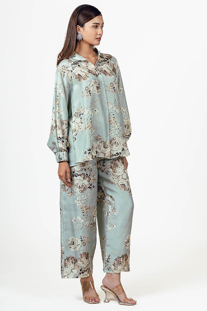 Pearl Blue Dupion Silk Abstract Floral Printed Co-Ord Set by Studio 113 at Pernia's Pop Up Shop