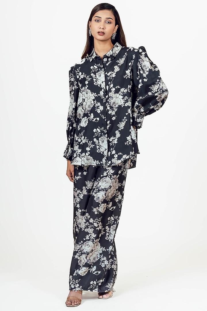 Black Dupion Silk Abstract Floral Printed Co-Ord Set by Studio 113 at Pernia's Pop Up Shop