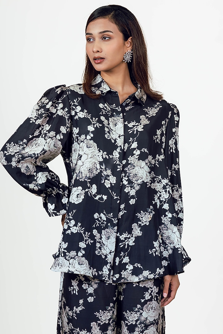 Black Dupion Silk Abstract Floral Printed Co-Ord Set by Studio 113 at Pernia's Pop Up Shop