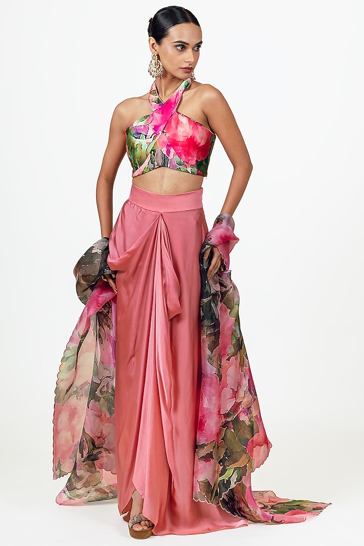 Fuchsia Organza Abstract Printed Cape Set by Studio 113 at Pernia's Pop Up Shop
