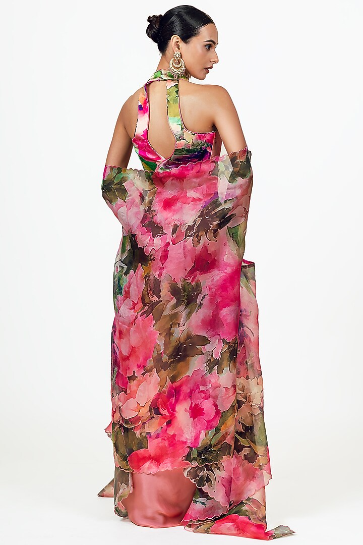 Fuchsia Organza Abstract Printed Cape Set by Studio 113 at Pernia's Pop Up Shop