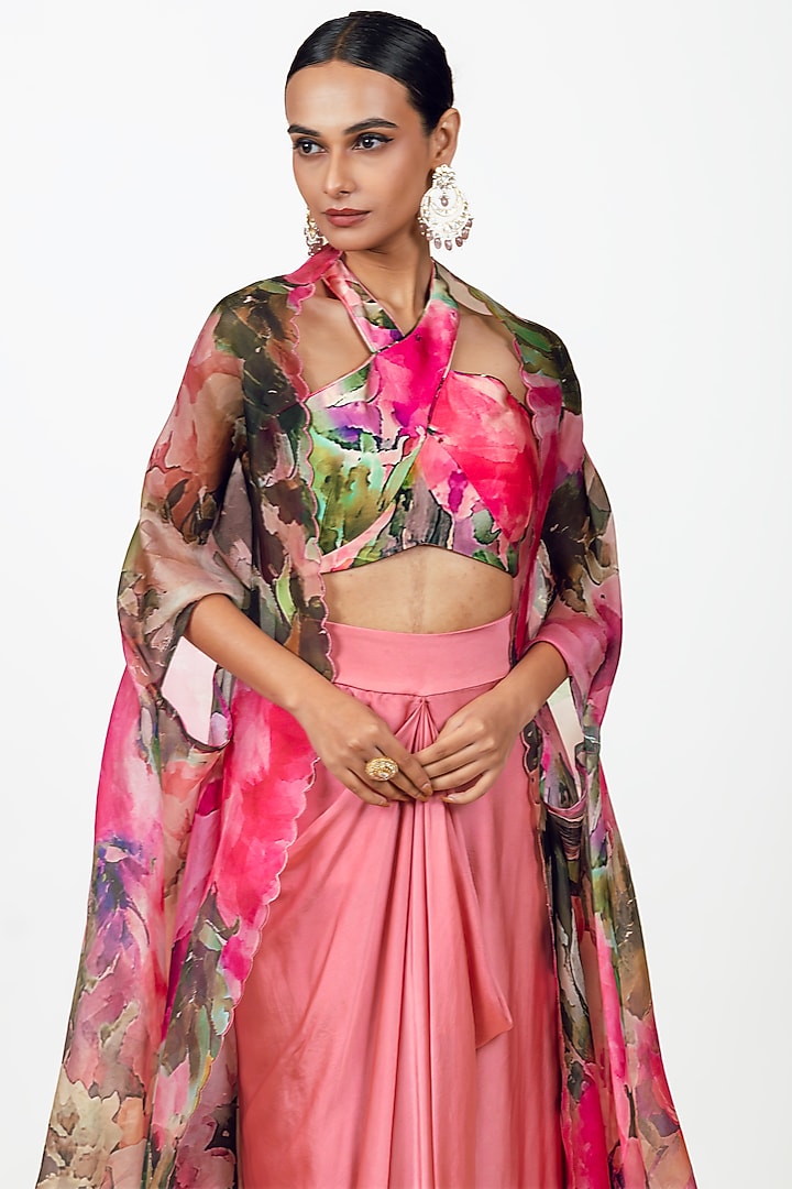 Fuchsia Organza Abstract Printed Cape Set by Studio 113 at Pernia's Pop Up Shop
