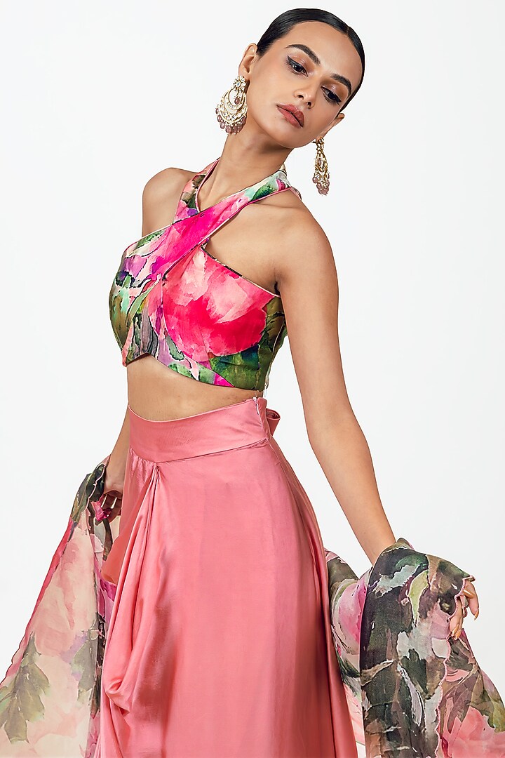 Fuchsia Organza Abstract Printed Cape Set by Studio 113 at Pernia's Pop Up Shop