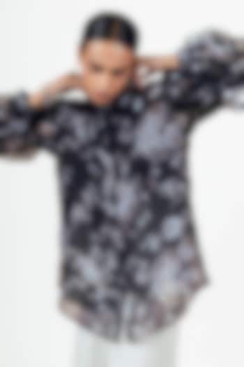 Black Organza Abstract Floral Digital Printed Shirt by Studio 113 at Pernia's Pop Up Shop