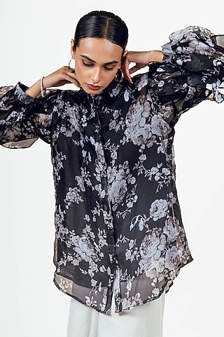 Black Organza Abstract Floral Digital Printed Shirt by Studio 113