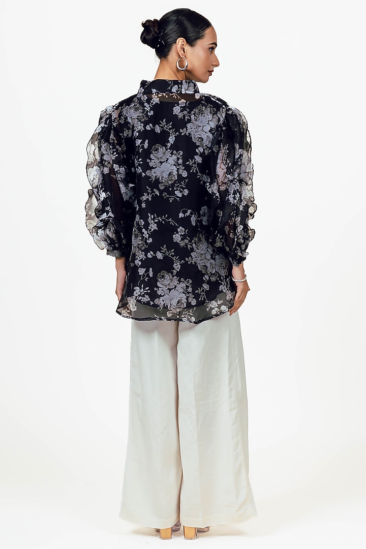 Black Organza Abstract Floral Digital Printed Shirt by Studio 113 at Pernia's Pop Up Shop