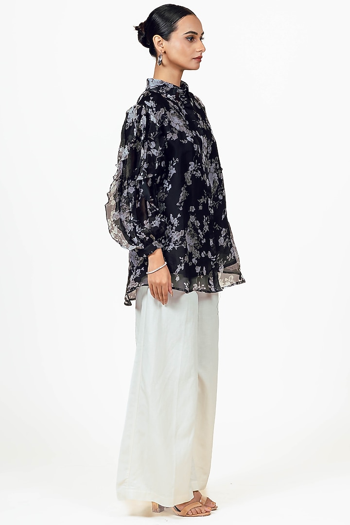 Black Organza Abstract Floral Digital Printed Shirt by Studio 113 at Pernia's Pop Up Shop