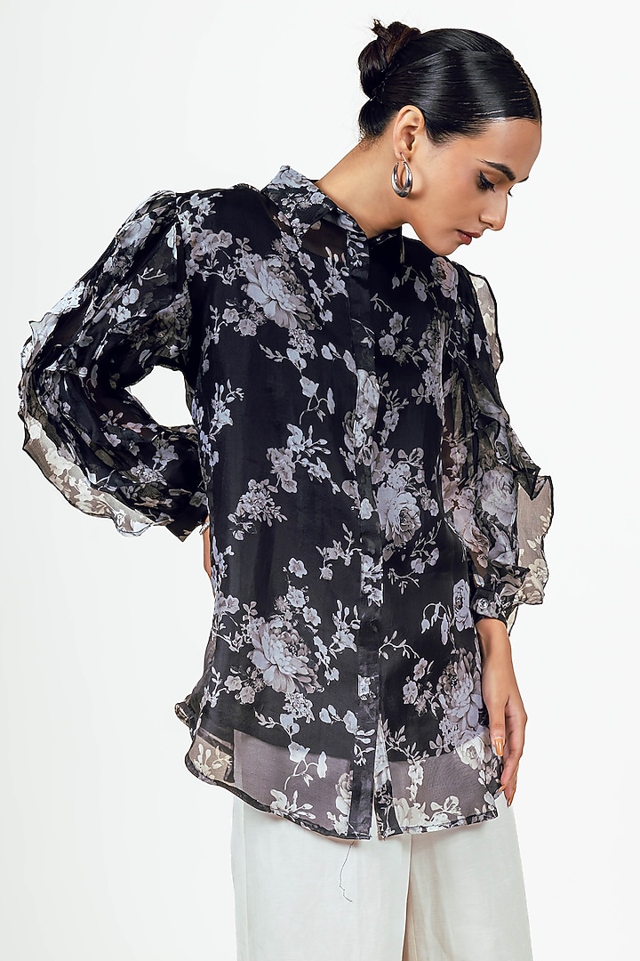 Black Organza Abstract Floral Digital Printed Shirt by Studio 113 at Pernia's Pop Up Shop