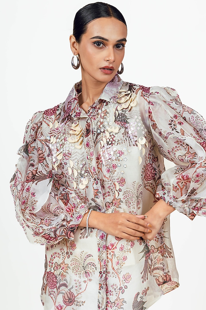 White Organza Peacock Chintz Printed Shirt by Studio 113 at Pernia's Pop Up Shop
