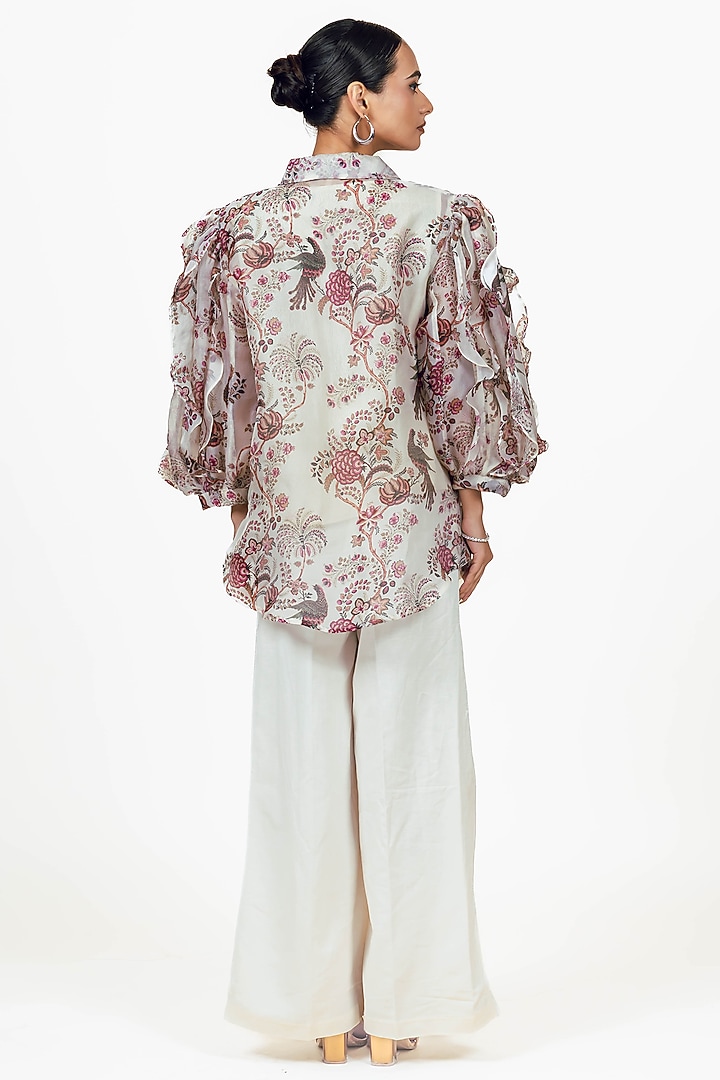 White Organza Peacock Chintz Printed Shirt by Studio 113 at Pernia's Pop Up Shop