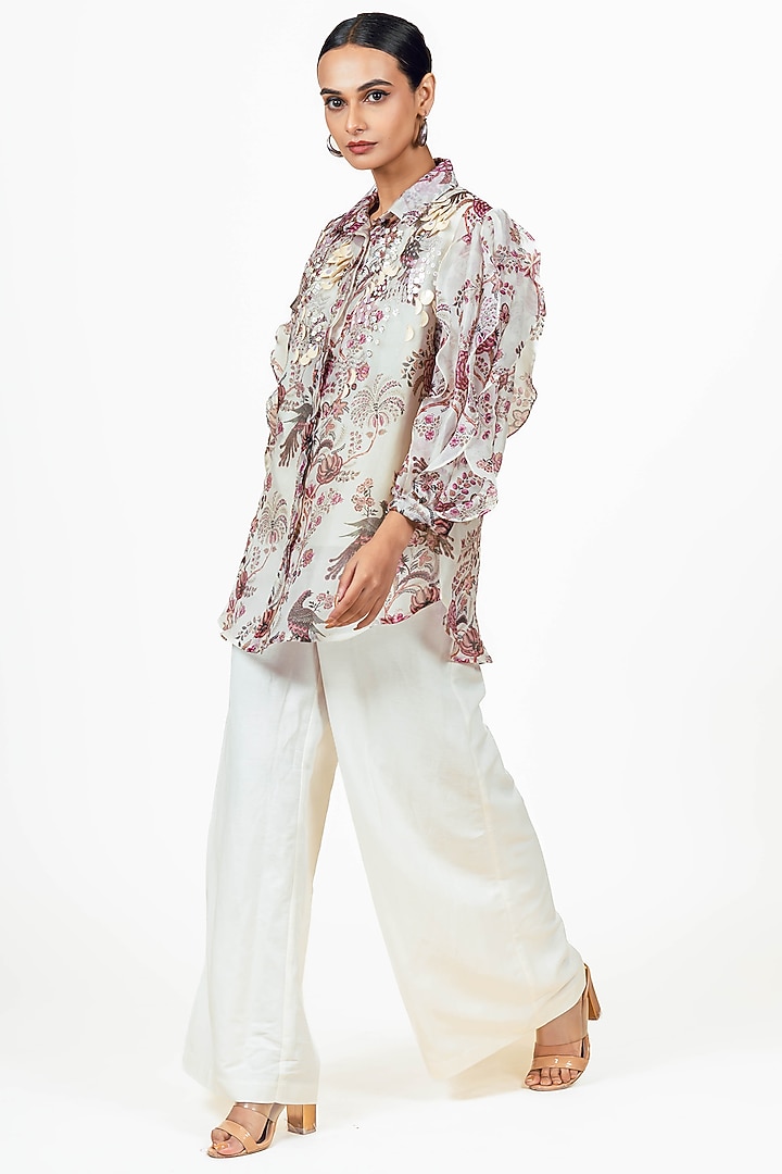 White Organza Peacock Chintz Printed Shirt by Studio 113 at Pernia's Pop Up Shop