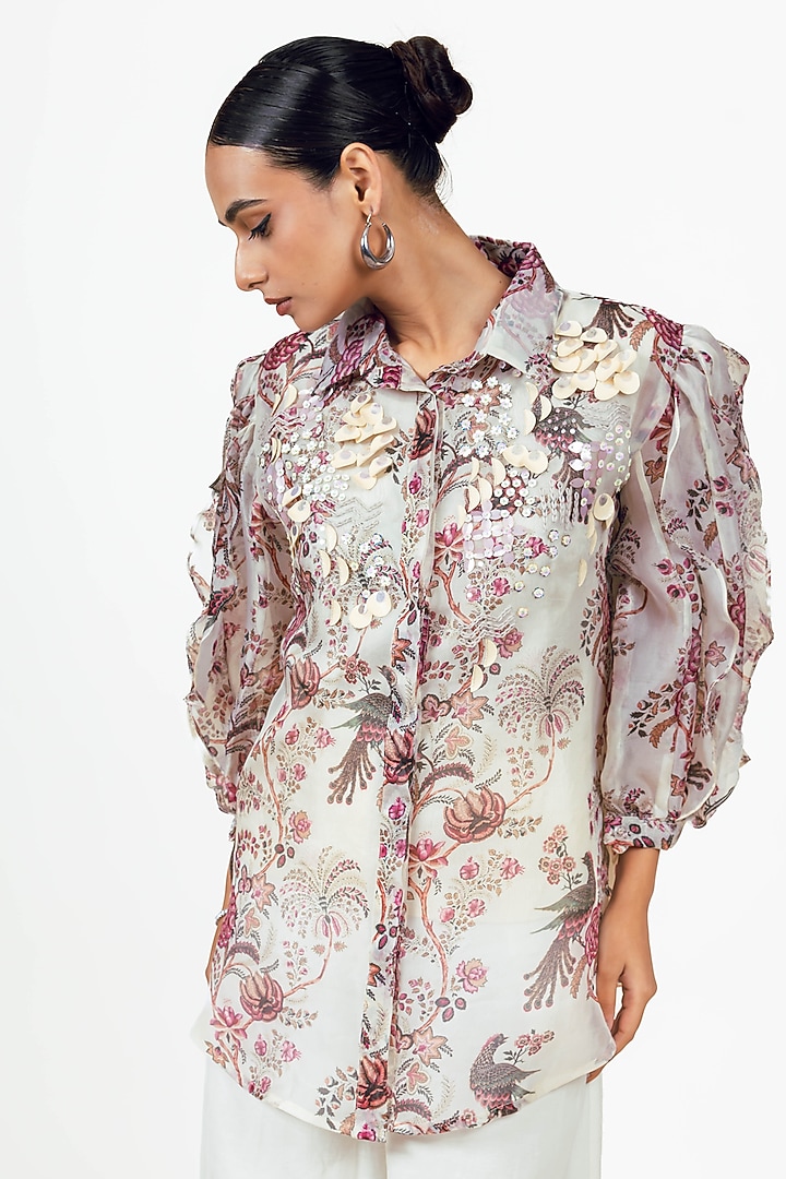 White Organza Peacock Chintz Printed Shirt by Studio 113 at Pernia's Pop Up Shop