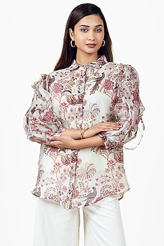 White Organza Peacock Chintz Printed Shirt by Studio 113