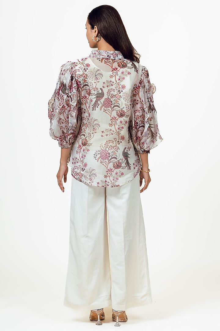 White Organza Peacock Chintz Printed Shirt by Studio 113 at Pernia's Pop Up Shop
