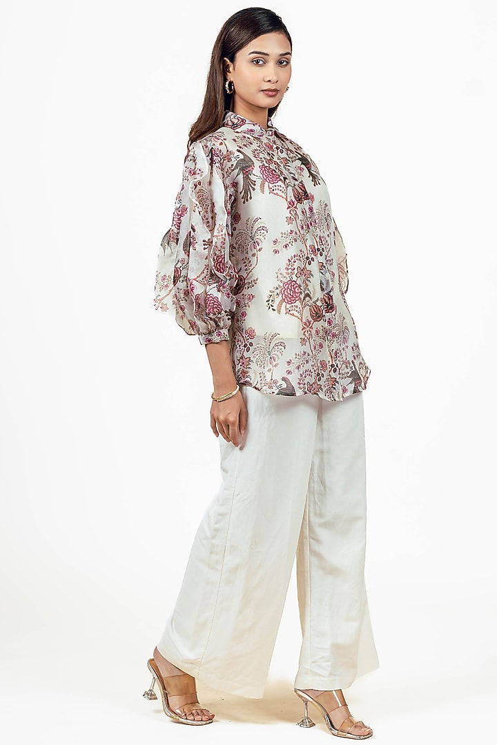 White Organza Peacock Chintz Printed Shirt by Studio 113 at Pernia's Pop Up Shop