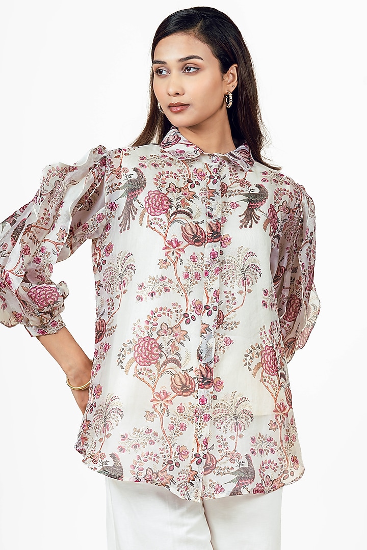 White Organza Peacock Chintz Printed Shirt by Studio 113 at Pernia's Pop Up Shop