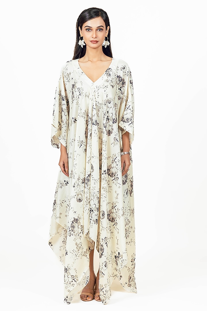White Twill Floral & Digital Printed Handkerchief Midi Vacation Dress by Studio 113 at Pernia's Pop Up Shop