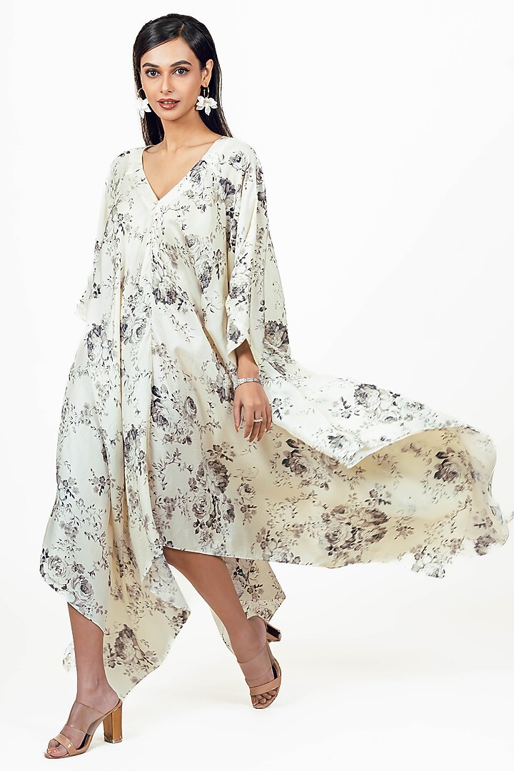 White Twill Floral & Digital Printed Handkerchief Midi Vacation Dress by Studio 113 at Pernia's Pop Up Shop