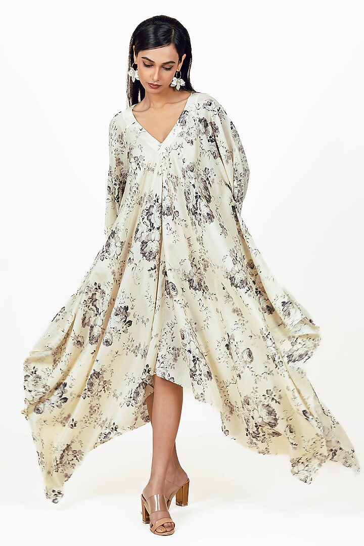 White Twill Floral & Digital Printed Handkerchief Midi Vacation Dress by Studio 113 at Pernia's Pop Up Shop
