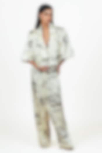 White Habutai Silk Abstract Floral Printed Blazer Set by Studio 113 at Pernia's Pop Up Shop