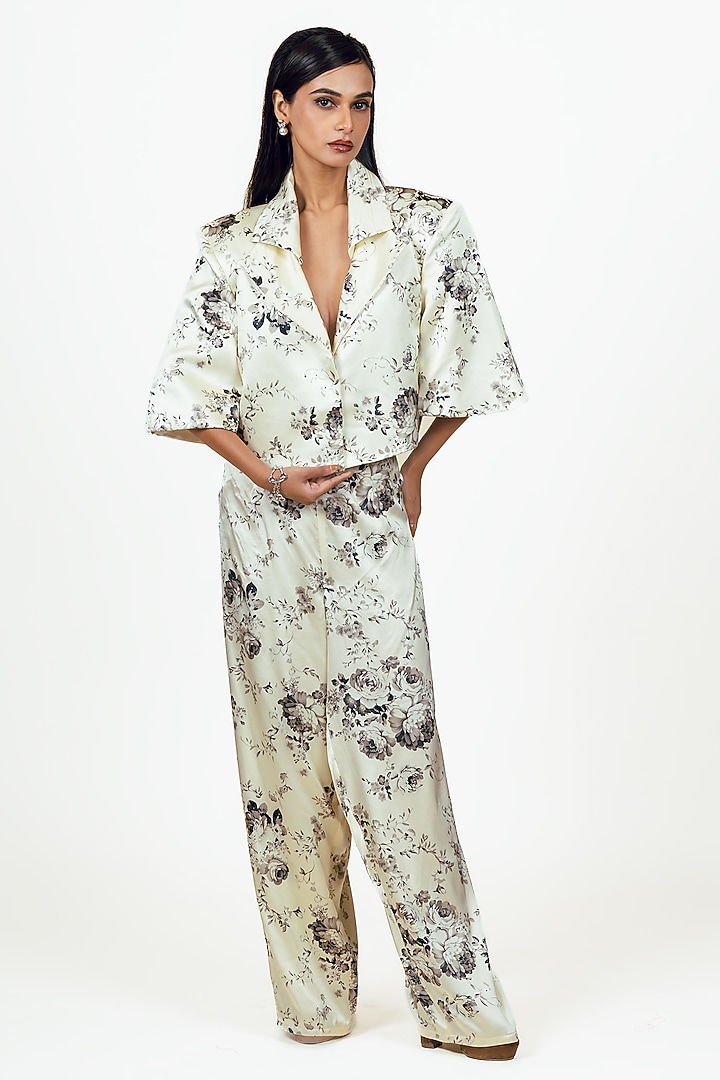 White Habutai Silk Abstract Floral Printed Blazer Set by Studio 113 at Pernia's Pop Up Shop