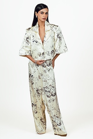 White Habutai Silk Abstract Floral Printed Blazer Set by Studio 113