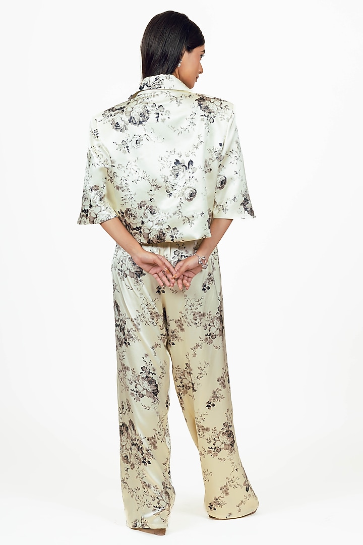 White Habutai Silk Abstract Floral Printed Blazer Set by Studio 113 at Pernia's Pop Up Shop