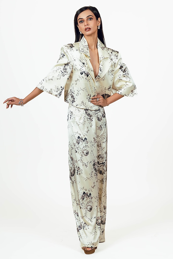 White Habutai Silk Abstract Floral Printed Blazer Set by Studio 113 at Pernia's Pop Up Shop