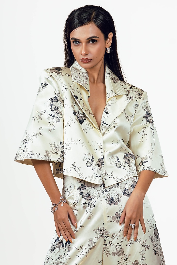 White Habutai Silk Abstract Floral Printed Blazer Set by Studio 113 at Pernia's Pop Up Shop