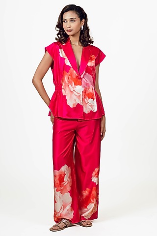 Rani Pink Habutai Silk Floral Printed Blazer Set by Studio 113