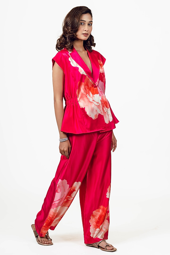 Rani Pink Habutai Silk Floral Printed Blazer Set by Studio 113 at Pernia's Pop Up Shop