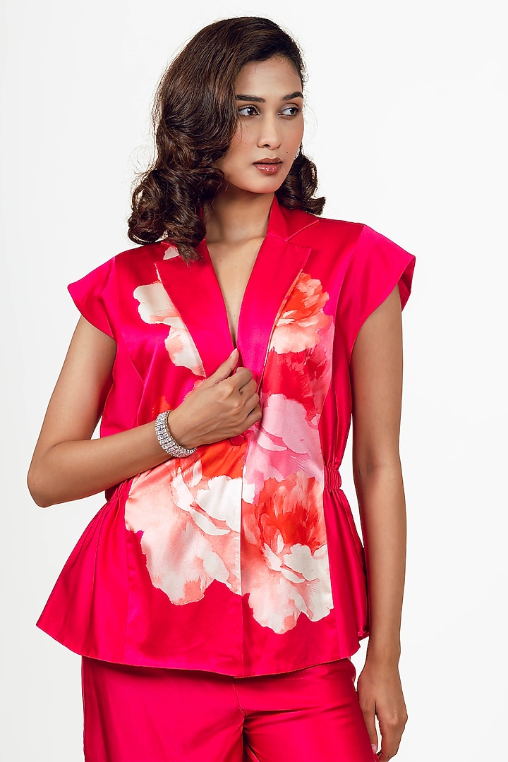 Rani Pink Habutai Silk Floral Printed Blazer Set by Studio 113 at Pernia's Pop Up Shop