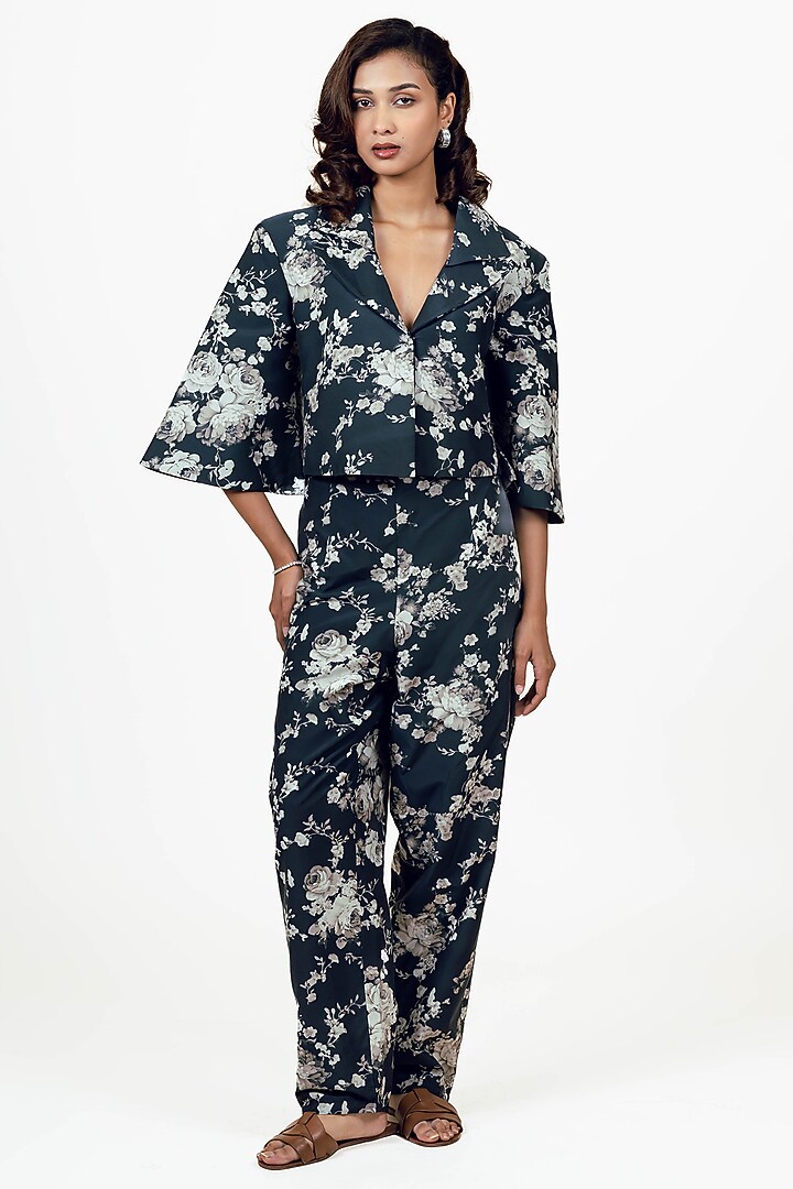 Black Habutai Silk Abstract Floral Printed Blazer Set by Studio 113 at Pernia's Pop Up Shop