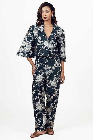 Black Habutai Silk Abstract Floral Printed Blazer Set by Studio 113