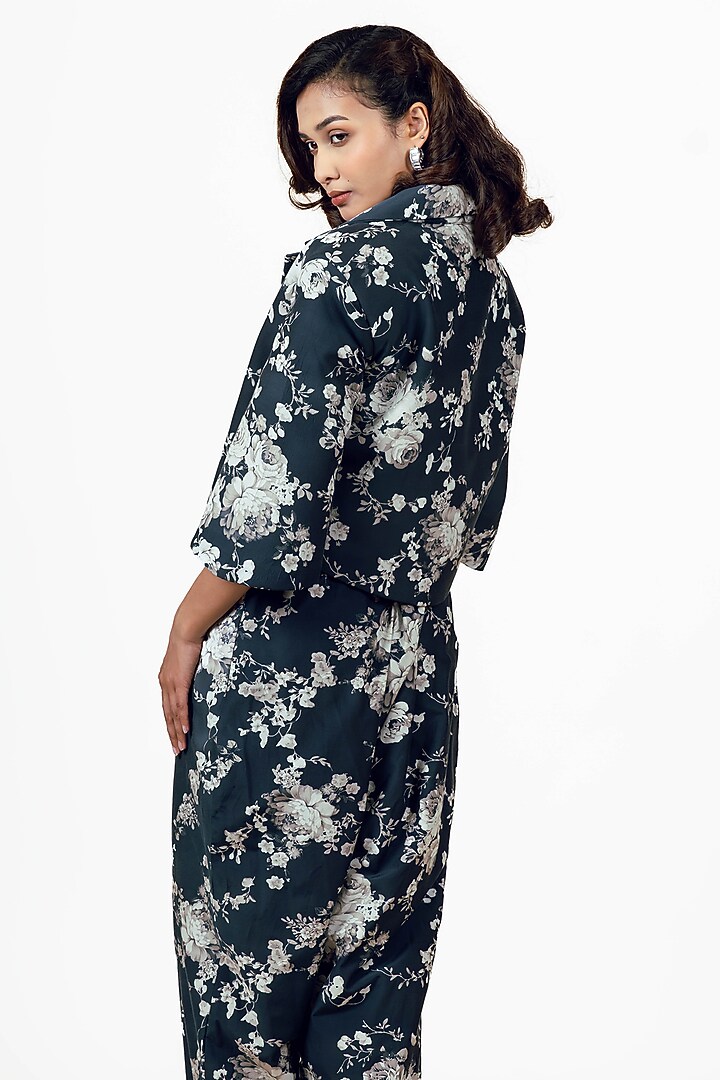 Black Habutai Silk Abstract Floral Printed Blazer Set by Studio 113 at Pernia's Pop Up Shop