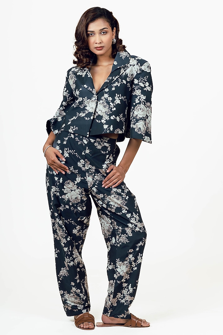 Black Habutai Silk Abstract Floral Printed Blazer Set by Studio 113 at Pernia's Pop Up Shop