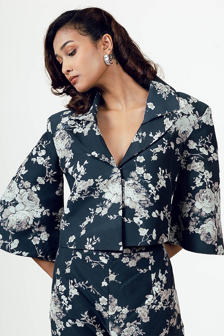 Black Habutai Silk Abstract Floral Printed Blazer Set by Studio 113 at Pernia's Pop Up Shop