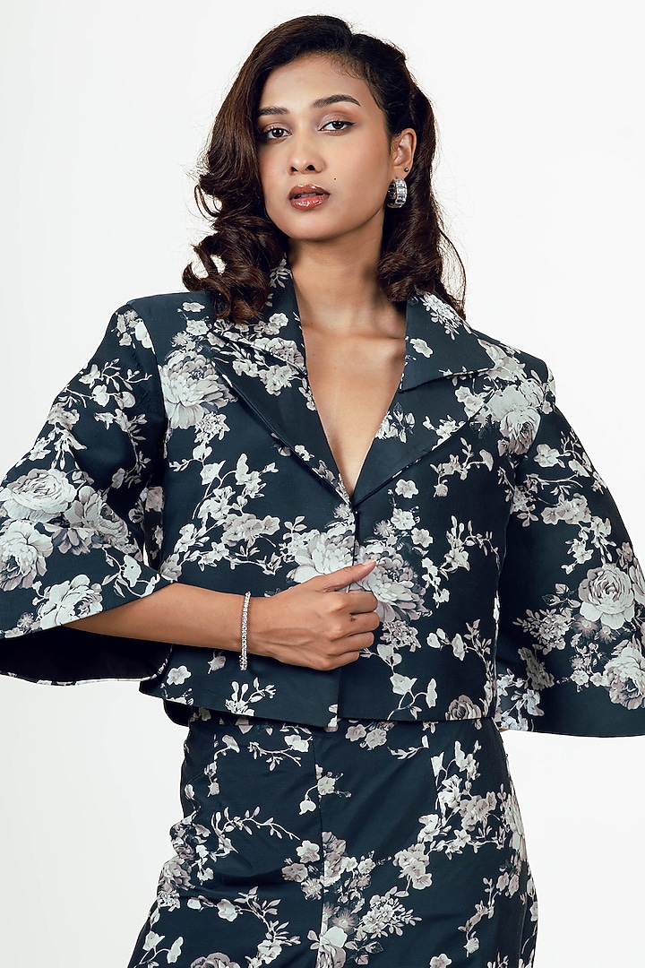 Black Habutai Silk Abstract Floral Printed Blazer Set by Studio 113 at Pernia's Pop Up Shop