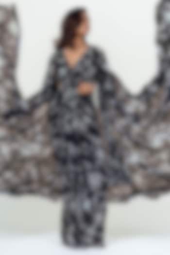 Black Georgette Printed Jacket Draped Saare Set by Studio 113 at Pernia's Pop Up Shop