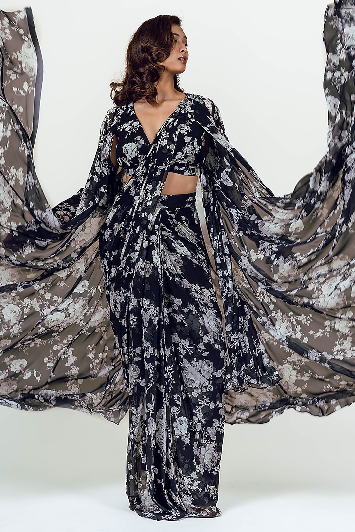 Black Georgette Printed Jacket Draped Saare Set by Studio 113 at Pernia's Pop Up Shop