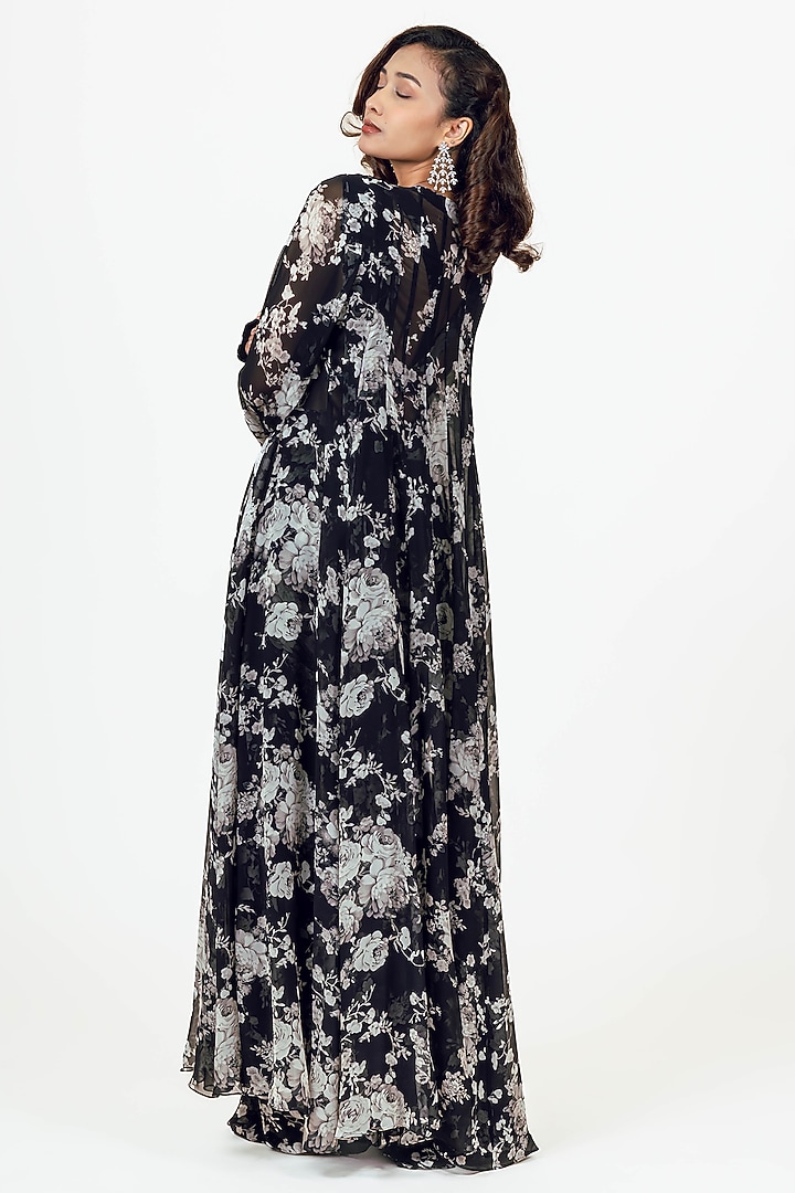 Black Georgette Printed Jacket Draped Saare Set by Studio 113 at Pernia's Pop Up Shop