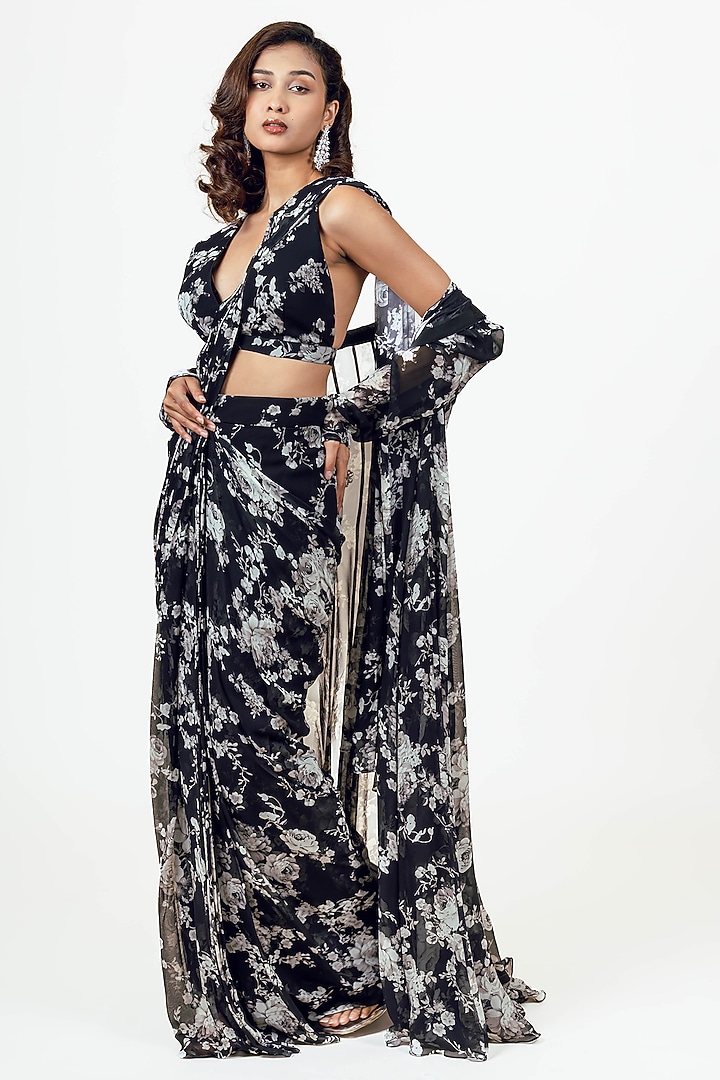 Black Georgette Printed Jacket Draped Saare Set by Studio 113 at Pernia's Pop Up Shop